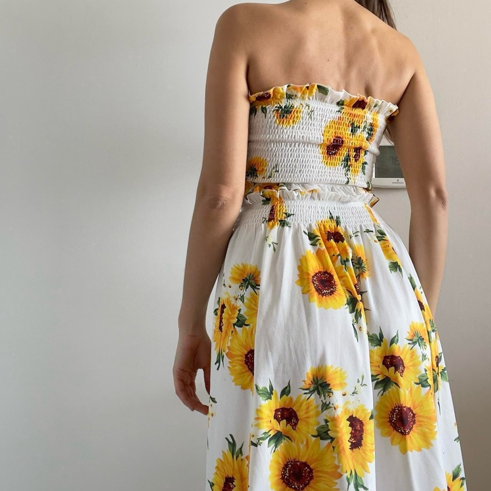 White & yellow sunflower smocked strapless tube top & midi skirt set | Size S - Picture 2 of 5